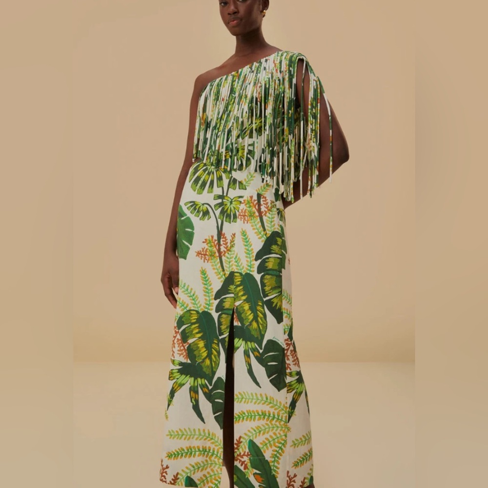 Farm Rio Tropical Forest Off White Fringe Midi Dress